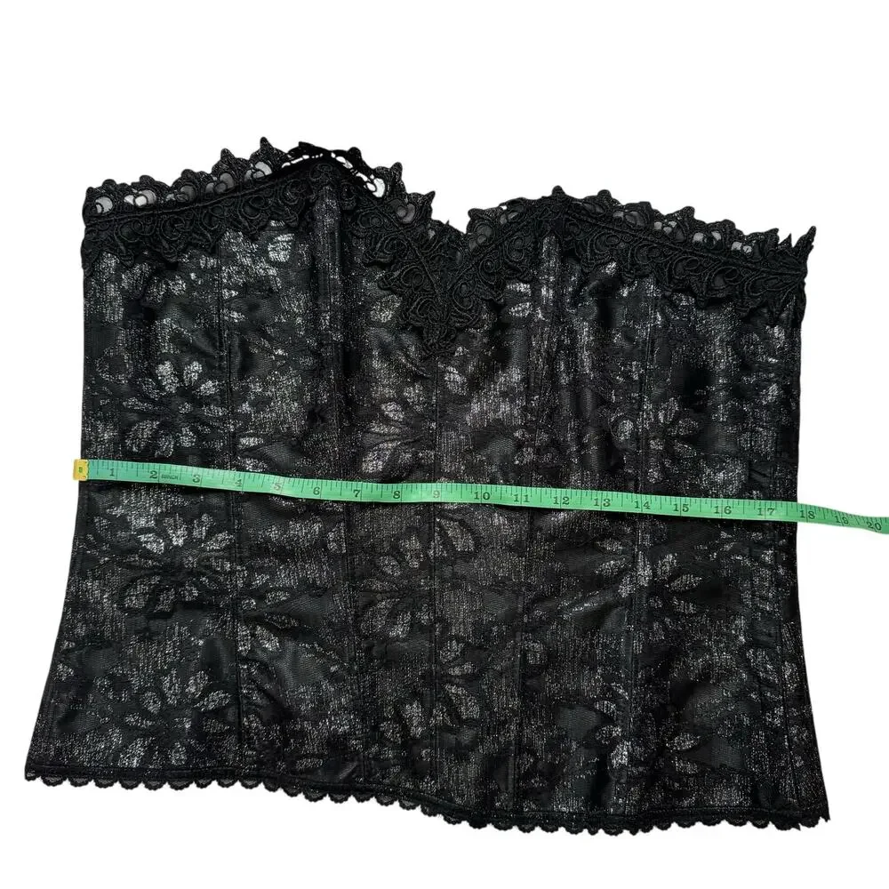 FREDERICKS OF HOLLYWOOD Black Silver Lace Up Corset Sz 42 Hook Eye Boning #8171
